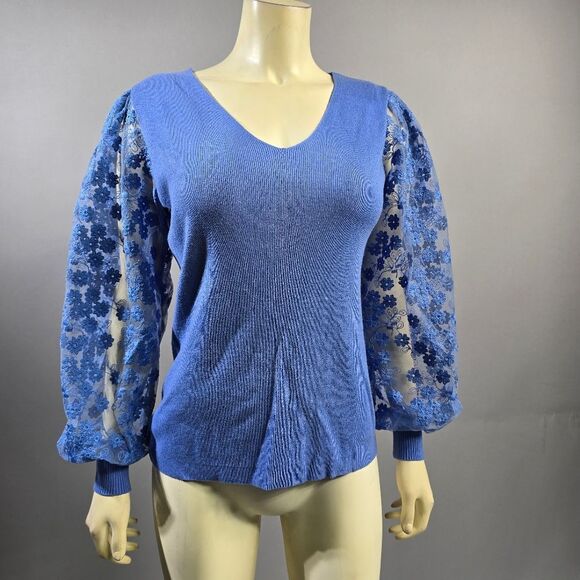 Sioni Small Blue Knit Top with Lace Sleeves R3 - Picture 1 of 4